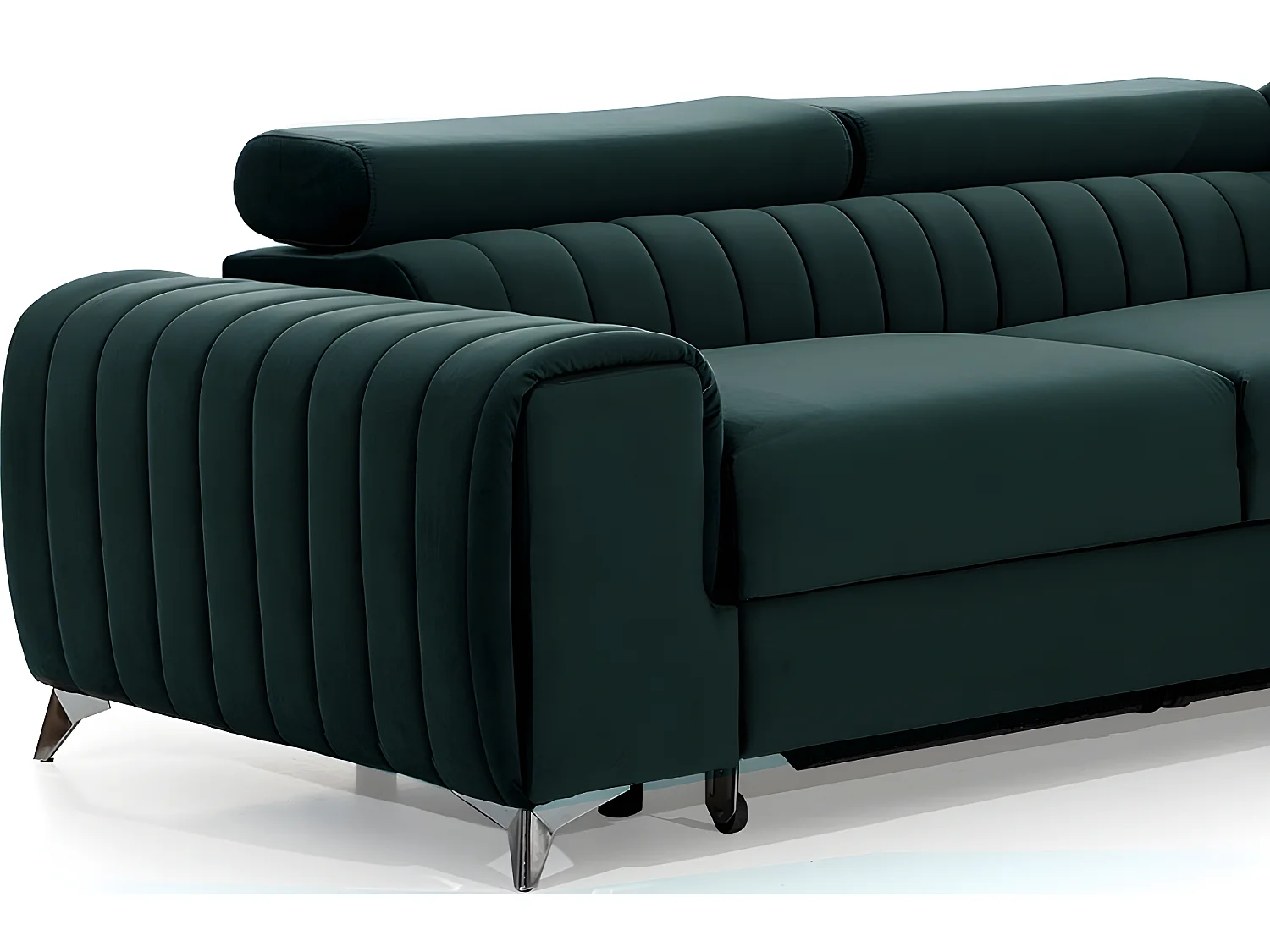 Canapé d'angle convertible en tissu velours Luxe vert, 5 places, angle droit (vu de face) - GRECE VELOURS