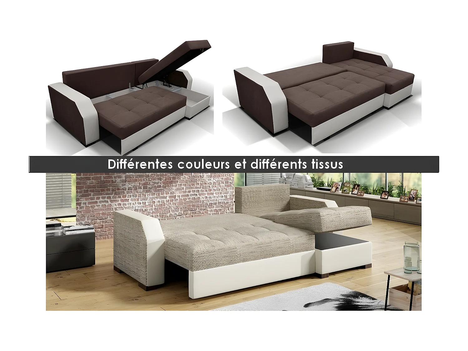 Canapé d'angle convertible - ARTE - en tissu de qualité - marron et beige, 3/4 places, angle droit (vu de face)