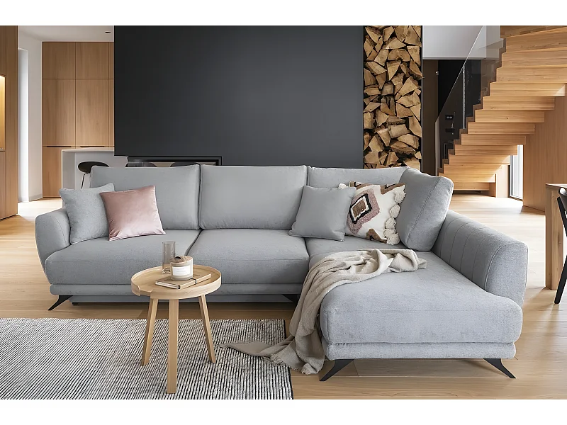 Canapé d'angle convertible - LARSON - en tissu Luxe, 5 places, gris , angle droit (vu de face)