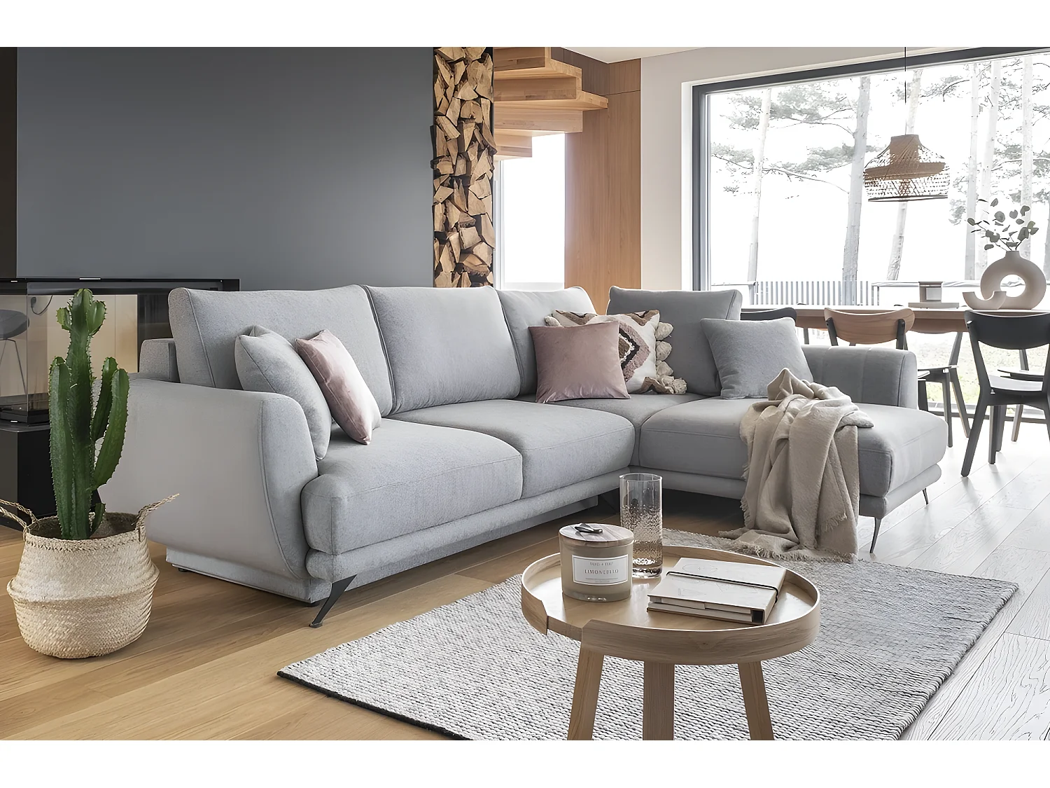 Canapé d'angle convertible - LARSON - en tissu Luxe, 5 places, gris , angle droit (vu de face)