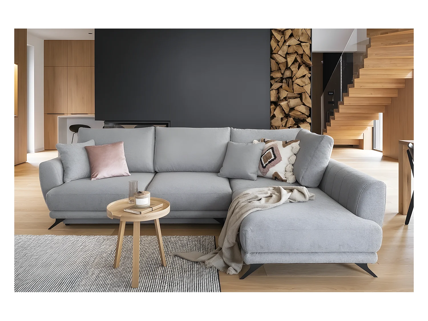 Canapé d'angle convertible - LARSON - en tissu Luxe, 5 places, gris , angle droit (vu de face)