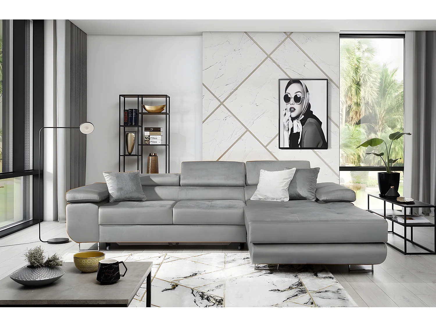 Canapé d'angle convertible ARMEL en tissu velours luxe 5 places, couleur gris, avec coffre, angle droit (vu de face)