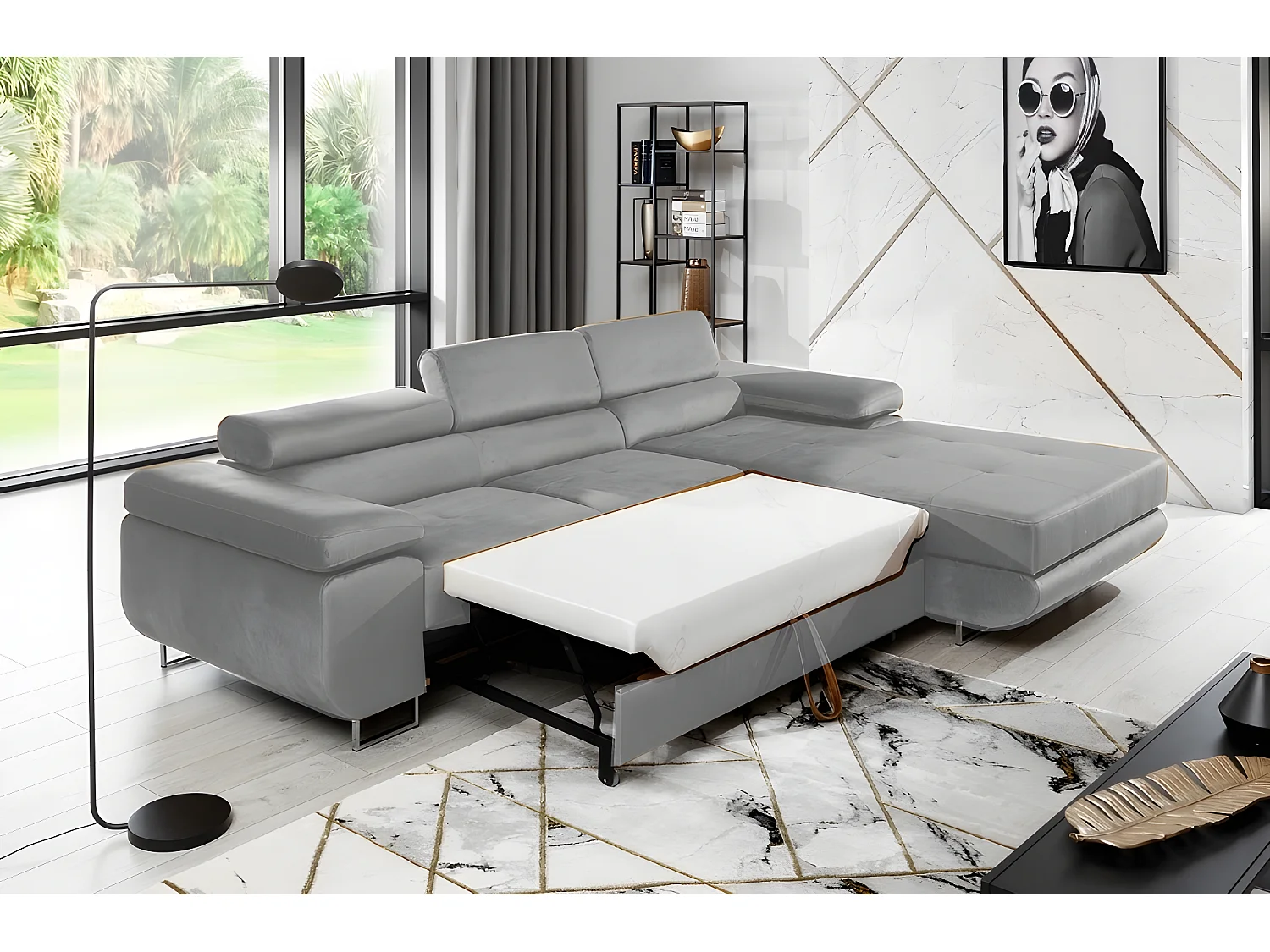 Canapé d'angle convertible ARMEL en tissu velours luxe 5 places, couleur gris, avec coffre, angle droit (vu de face)