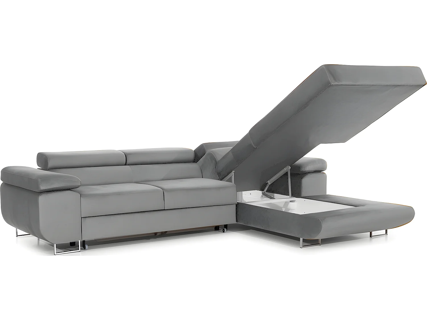 Canapé d'angle convertible ARMEL en tissu velours luxe 5 places, couleur gris, avec coffre, angle droit (vu de face)