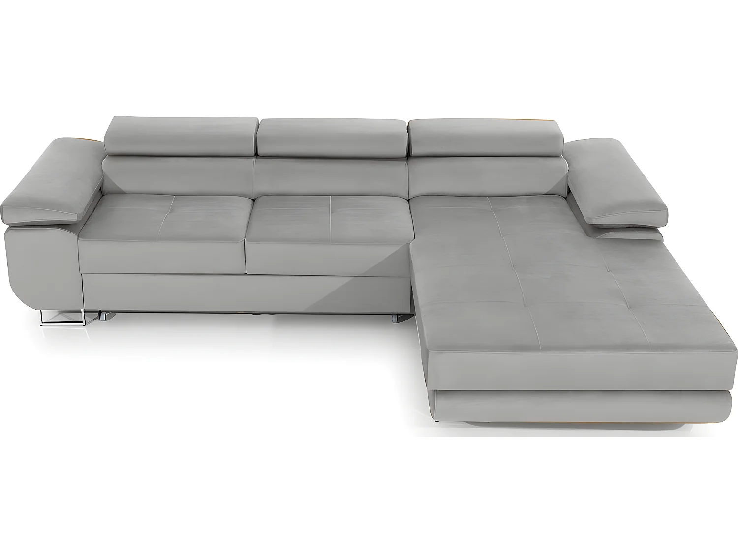 Canapé d'angle convertible ARMEL en tissu velours luxe 5 places, couleur gris, avec coffre, angle droit (vu de face)