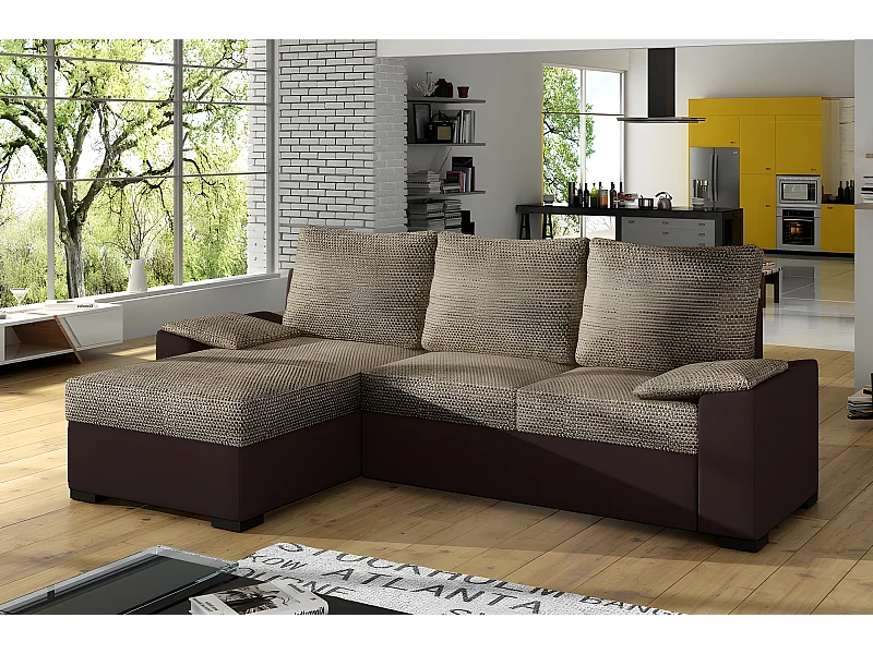 Canapé d'angle convertible - en tissu marron et simili chocolat, angle gauche (vu de face) - LUCAS