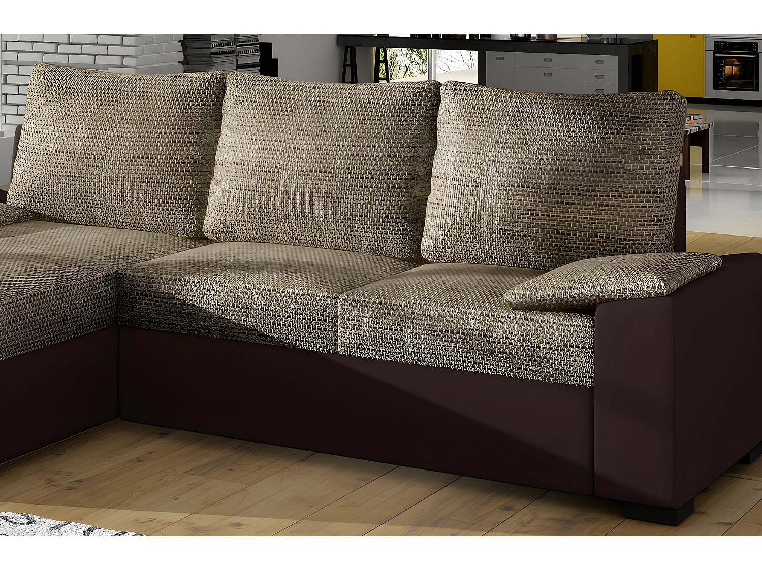 Canapé d'angle convertible - en tissu marron et simili chocolat, angle gauche (vu de face) - LUCAS