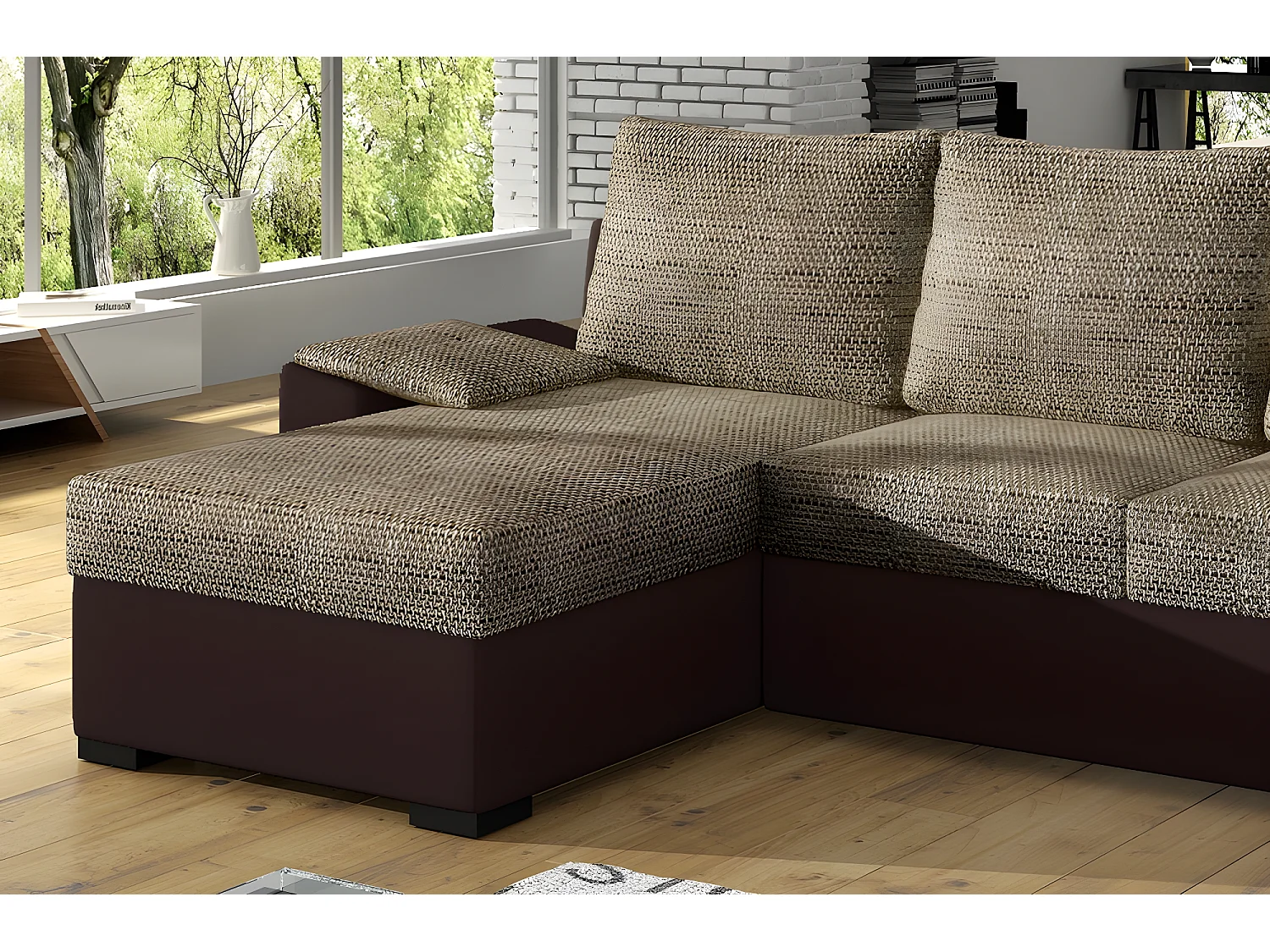 Canapé d'angle convertible - en tissu marron et simili chocolat, angle gauche (vu de face) - LUCAS