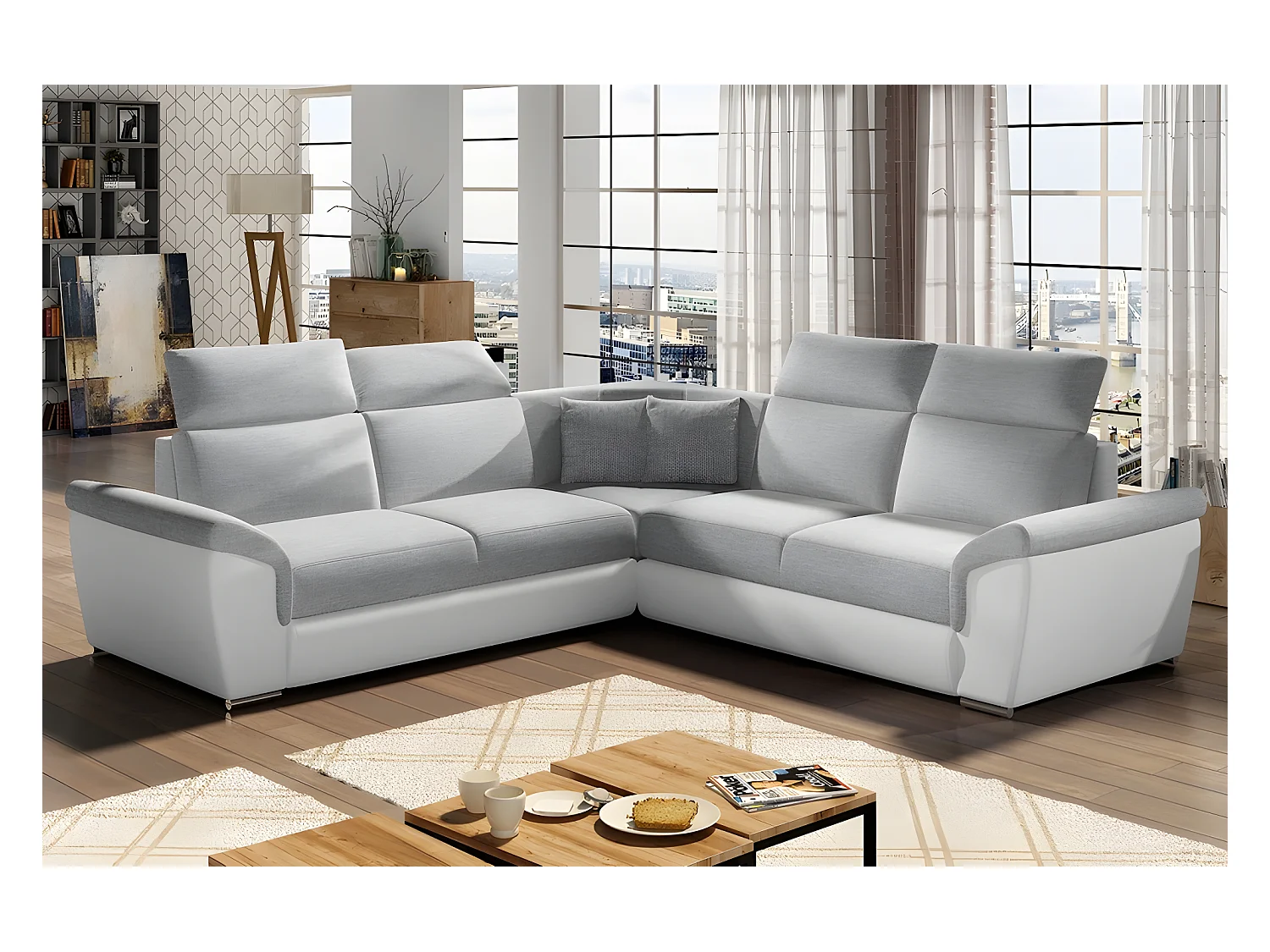 Canapé d'angle - convertible - FELIPE - en tissu gris clair et simili cuir blanc, 5/6 places
