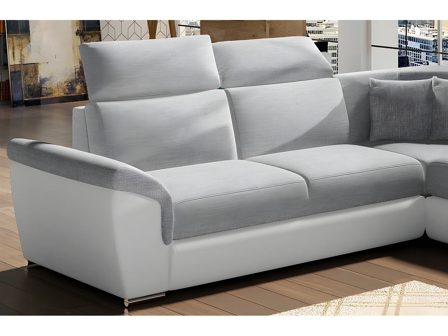 Canapé d'angle - convertible - FELIPE - en tissu gris clair et simili cuir blanc, 5/6 places