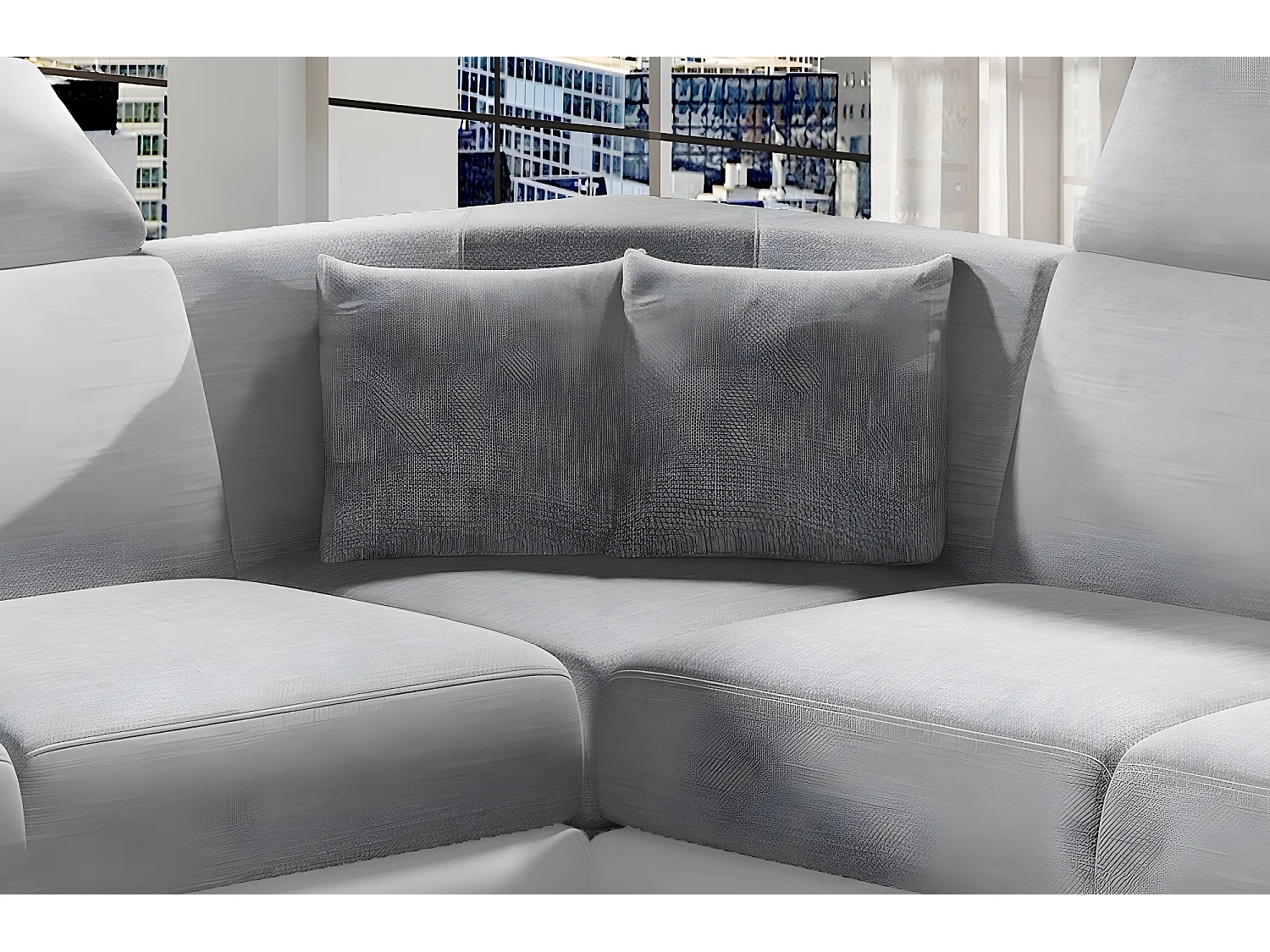 Canapé d'angle - convertible - FELIPE - en tissu gris clair et simili cuir blanc, 5/6 places