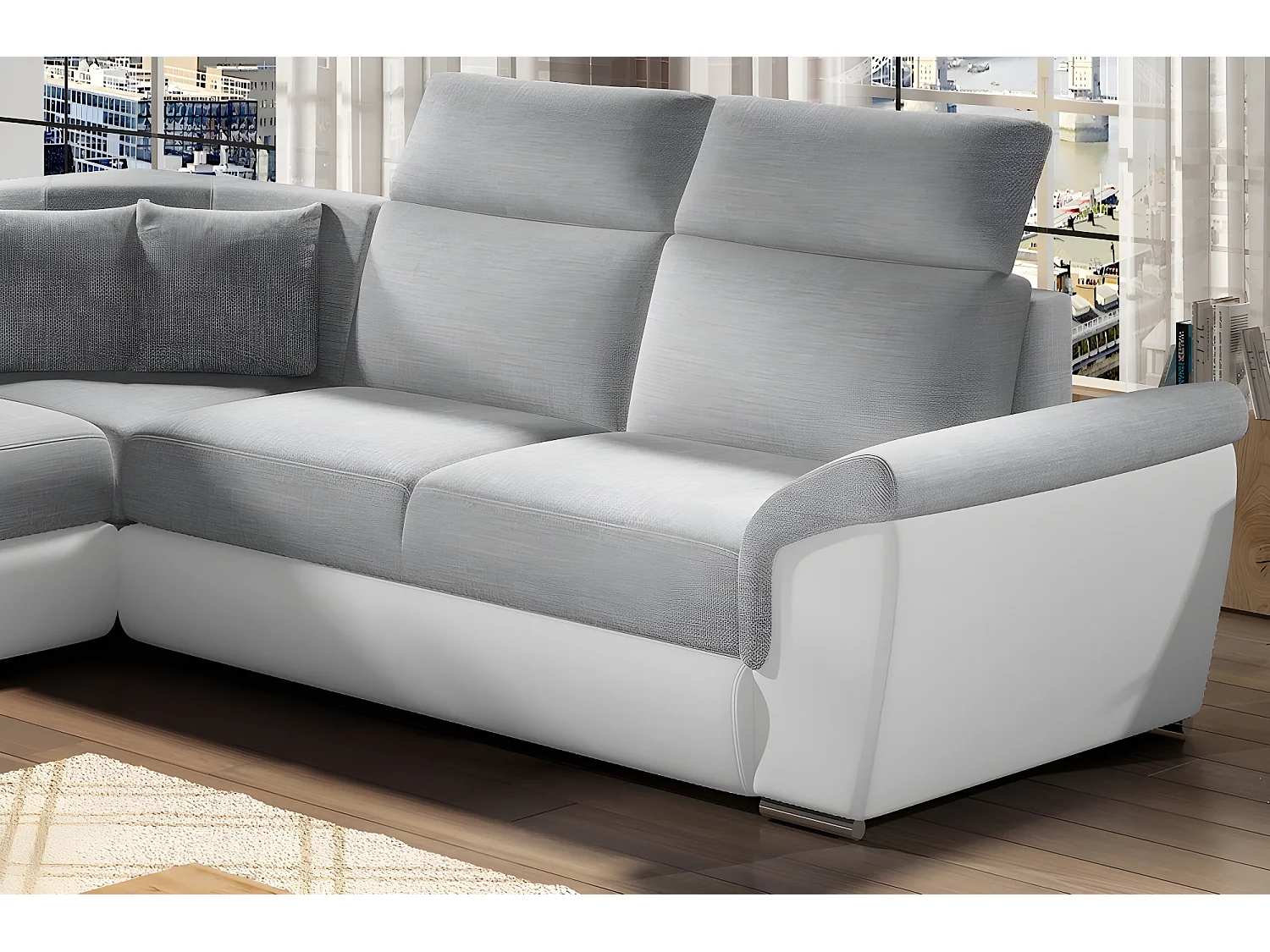 Canapé d'angle - convertible - FELIPE - en tissu gris clair et simili cuir blanc, 5/6 places