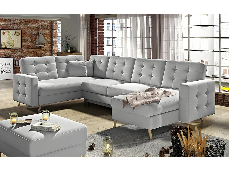 Panoramische slaapbank van luxe stof ASMA, 7 plaatsen, grijs, rechts chaise longue en linkerhoek