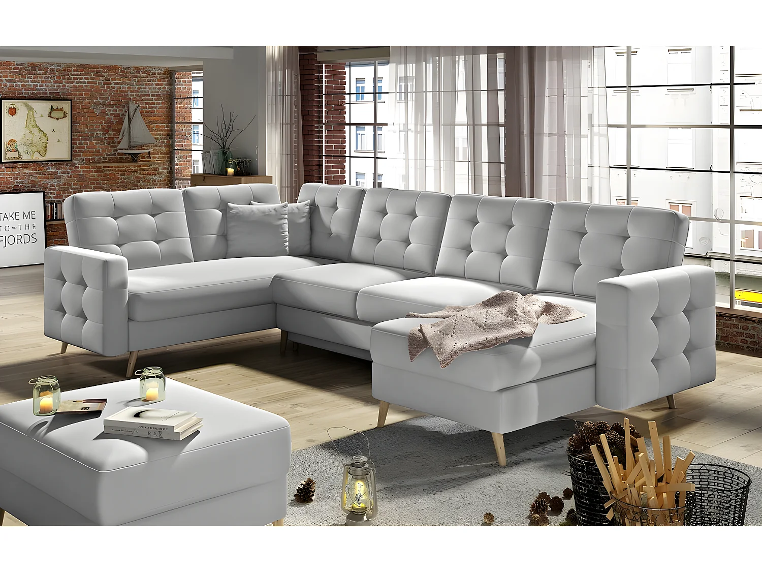 Canapé panoramique convertible - ASMA - en tissu de qualité 7 places, gris, méridienne à droite et angle à gauche (vu de face)