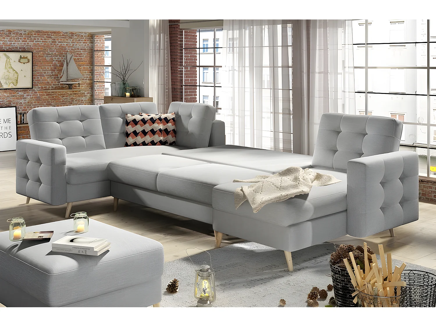 Canapé panoramique convertible - ASMA - en tissu de qualité 7 places, gris, méridienne à droite et angle à gauche (vu de face)