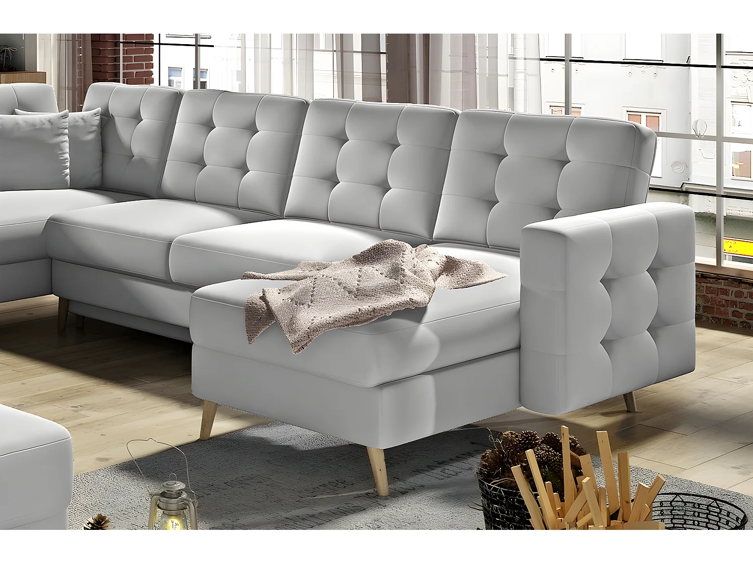 Canapé panoramique convertible - ASMA - en tissu de qualité 7 places, gris, méridienne à droite et angle à gauche (vu de face)