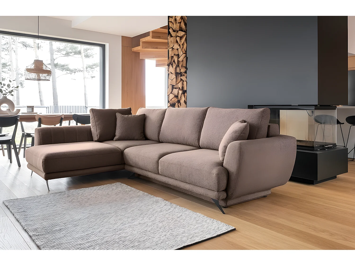 Canapé d'angle convertible - LARSON - en tissu Luxe - 5 places, marron, angle gauche (vu de face)