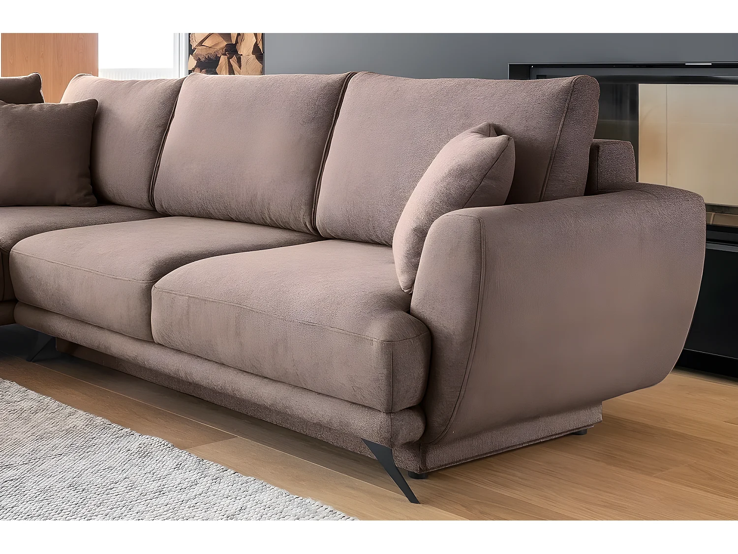 Canapé d'angle convertible - LARSON - en tissu Luxe - 5 places, marron, angle gauche (vu de face)