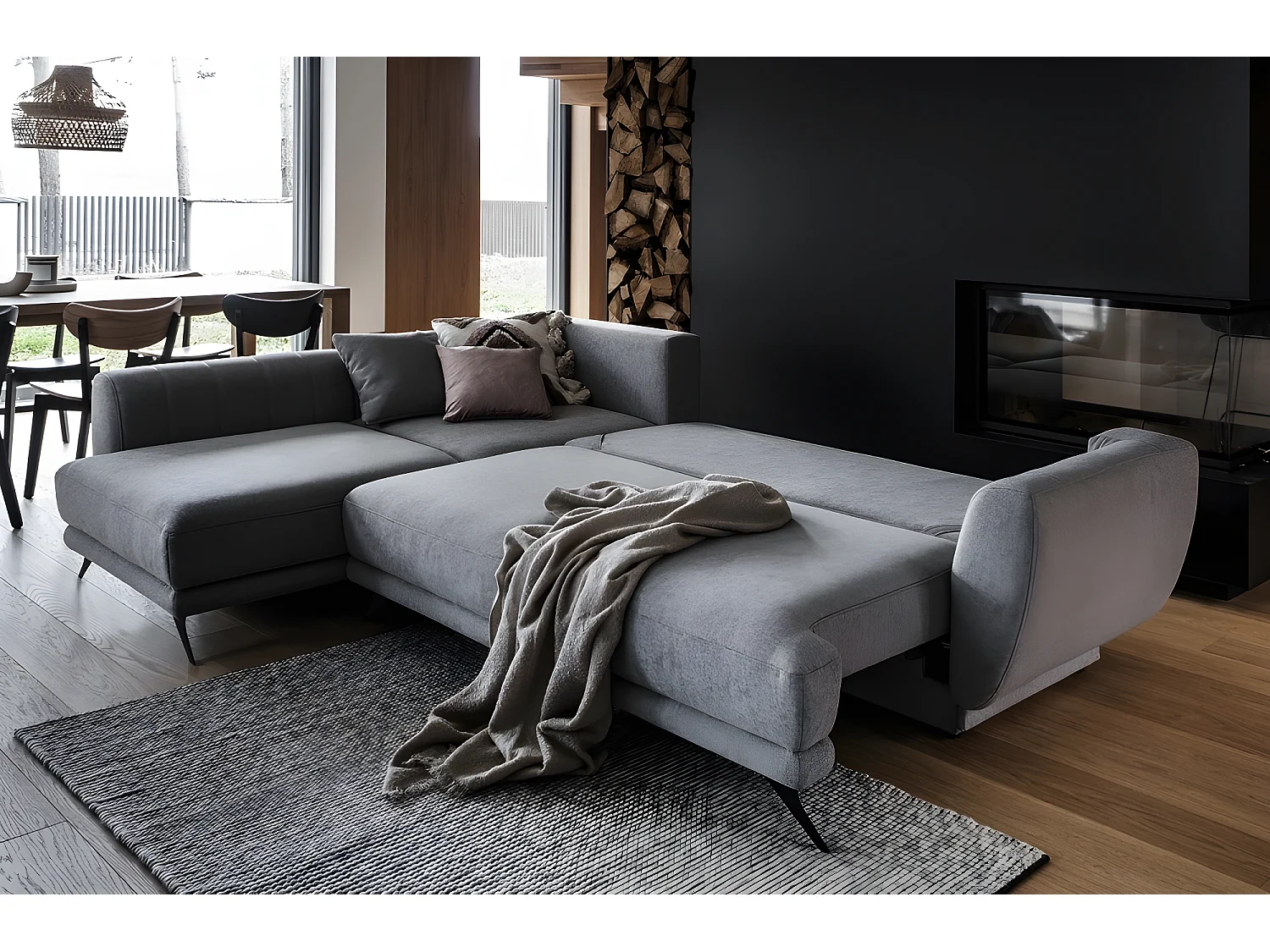 Canapé d'angle convertible - LARSON - en tissu Luxe - 5 places, marron, angle gauche (vu de face)