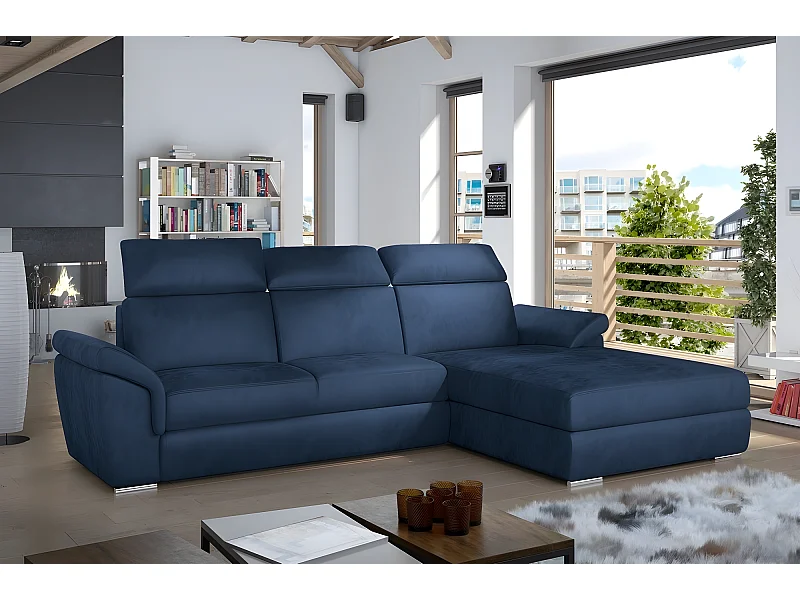Canapé d'angle convertible en tissu velours Prestige, bleu, 5 places, angle droit (vu de face) - TRESOR