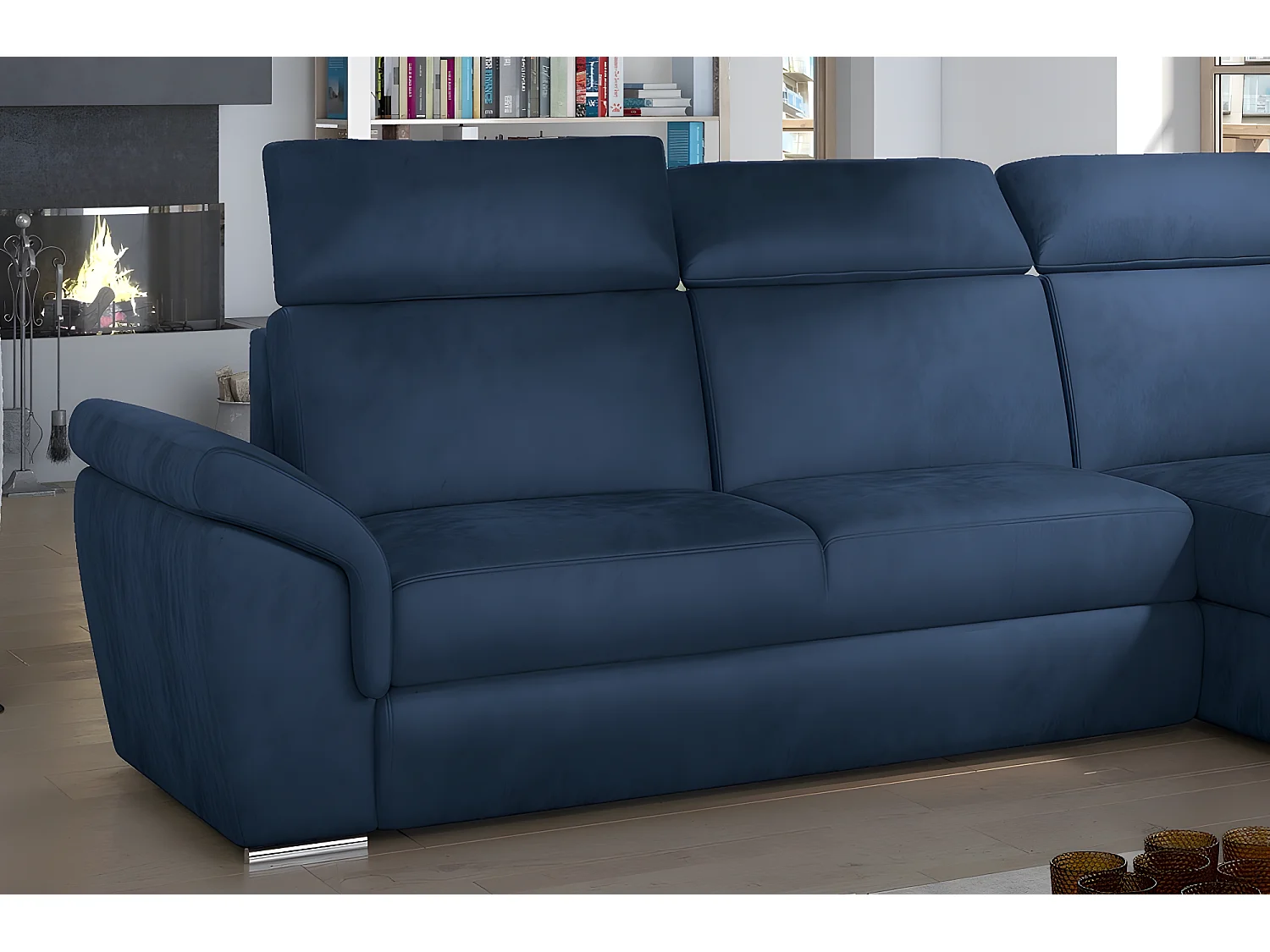 Canapé d'angle convertible en tissu velours Prestige, bleu, 5 places, angle droit (vu de face) - TRESOR