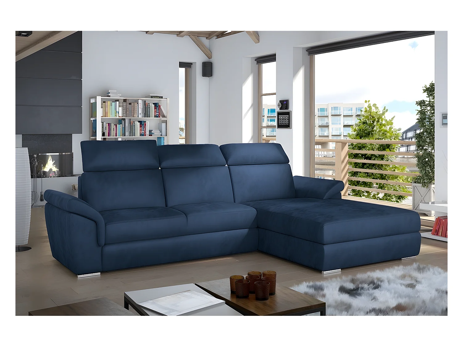 Canapé d'angle convertible en tissu velours Prestige, bleu, 5 places, angle droit (vu de face) - TRESOR