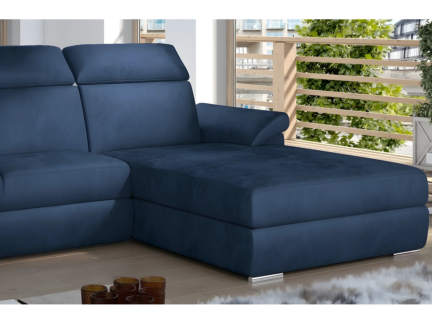 Canapé d'angle convertible en tissu velours Prestige, bleu, 5 places, angle droit (vu de face) - TRESOR