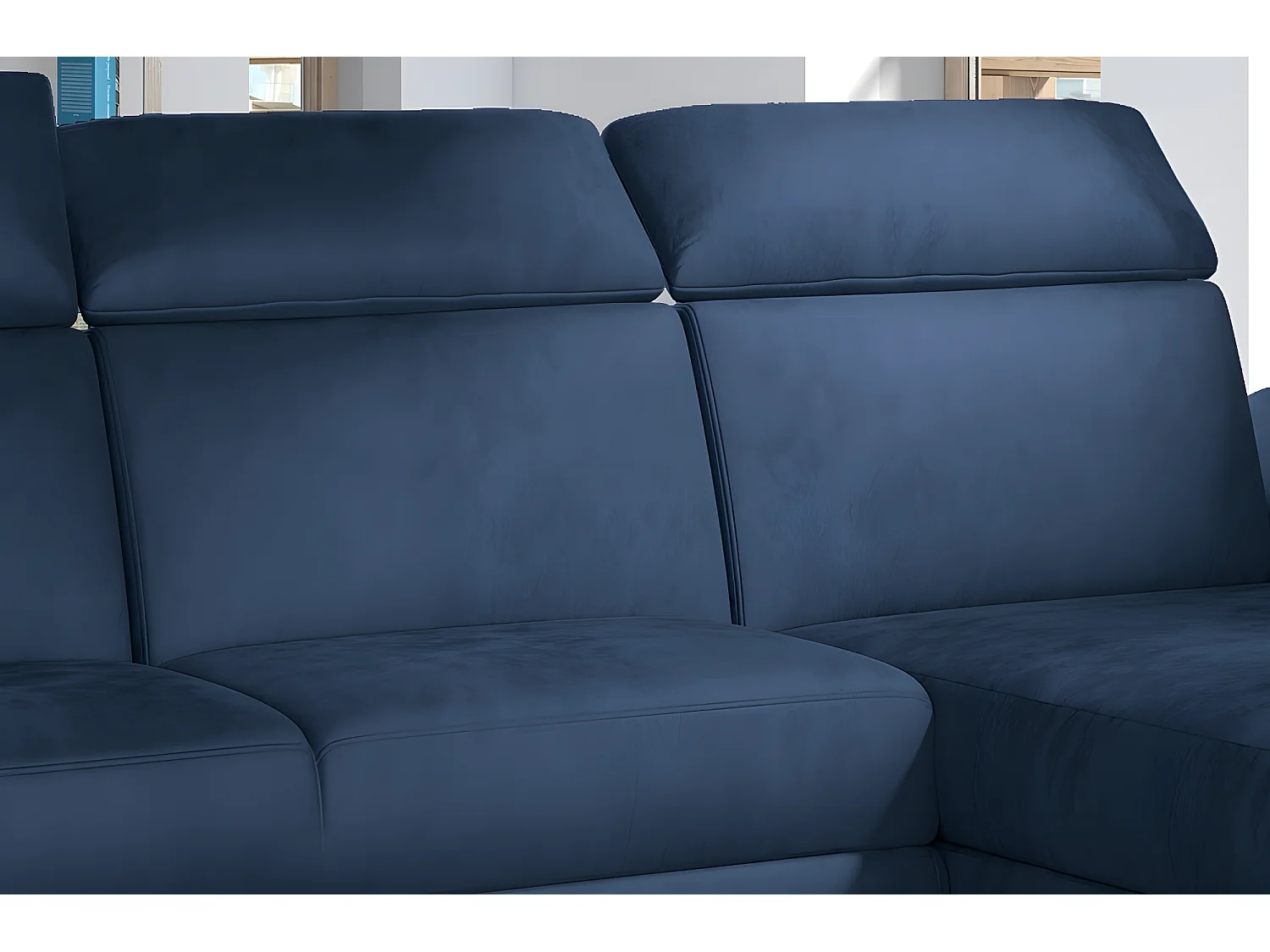 Canapé d'angle convertible en tissu velours Prestige, bleu, 5 places, angle droit (vu de face) - TRESOR