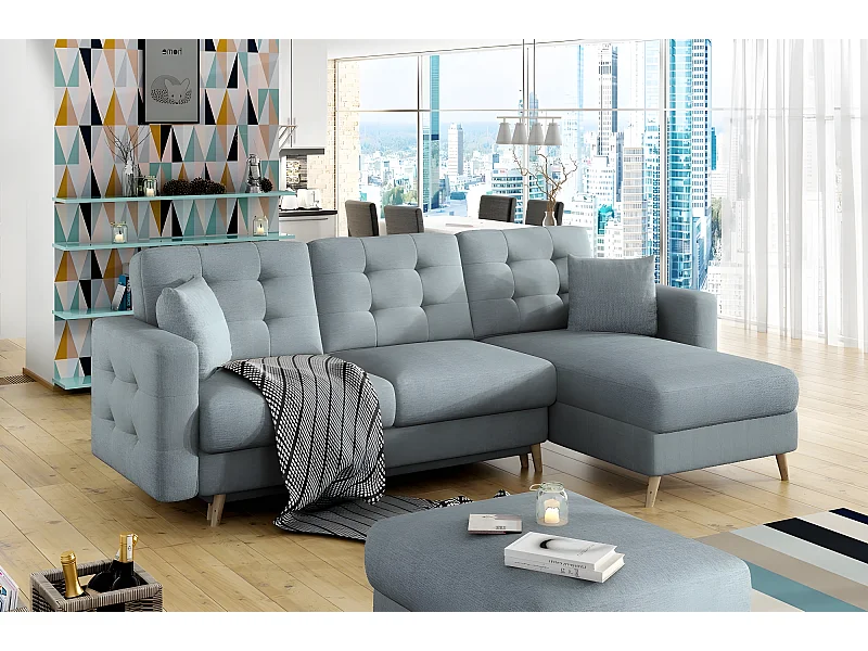 Canapé d'angle convertible ASSIA en tissu de qualité 5 places, bleu, angle droit (vu de face)