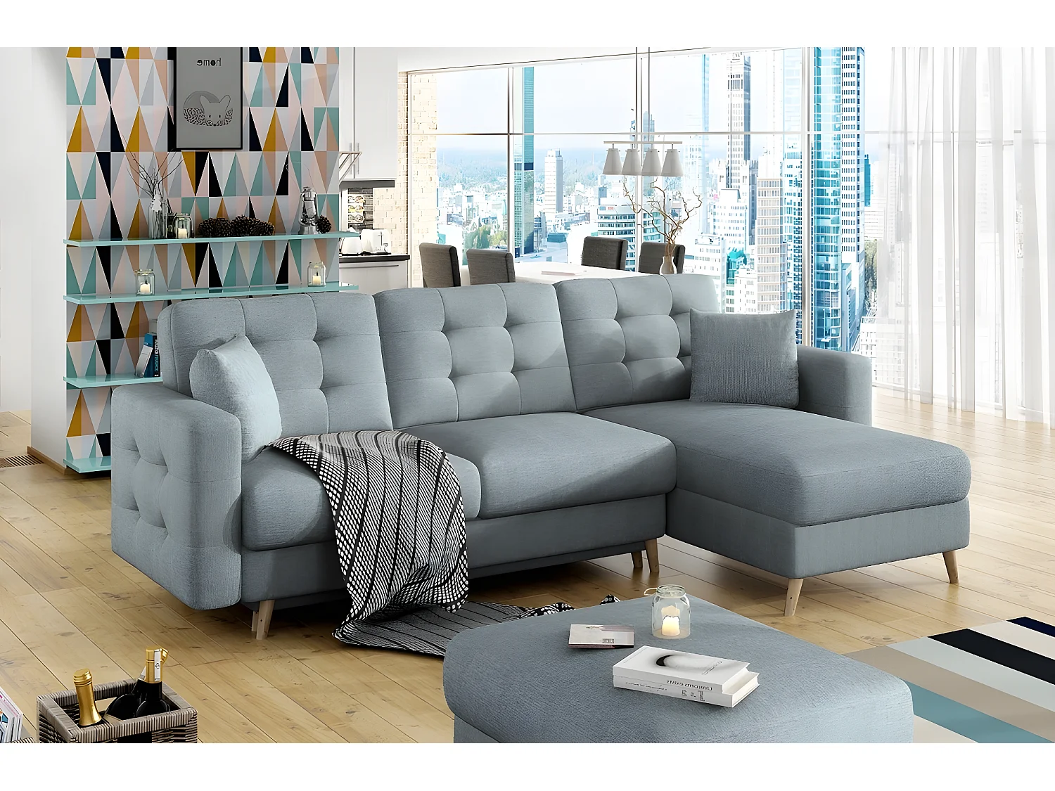 Canapé d'angle convertible ASSIA en tissu de qualité 5 places, bleu, angle droit (vu de face)