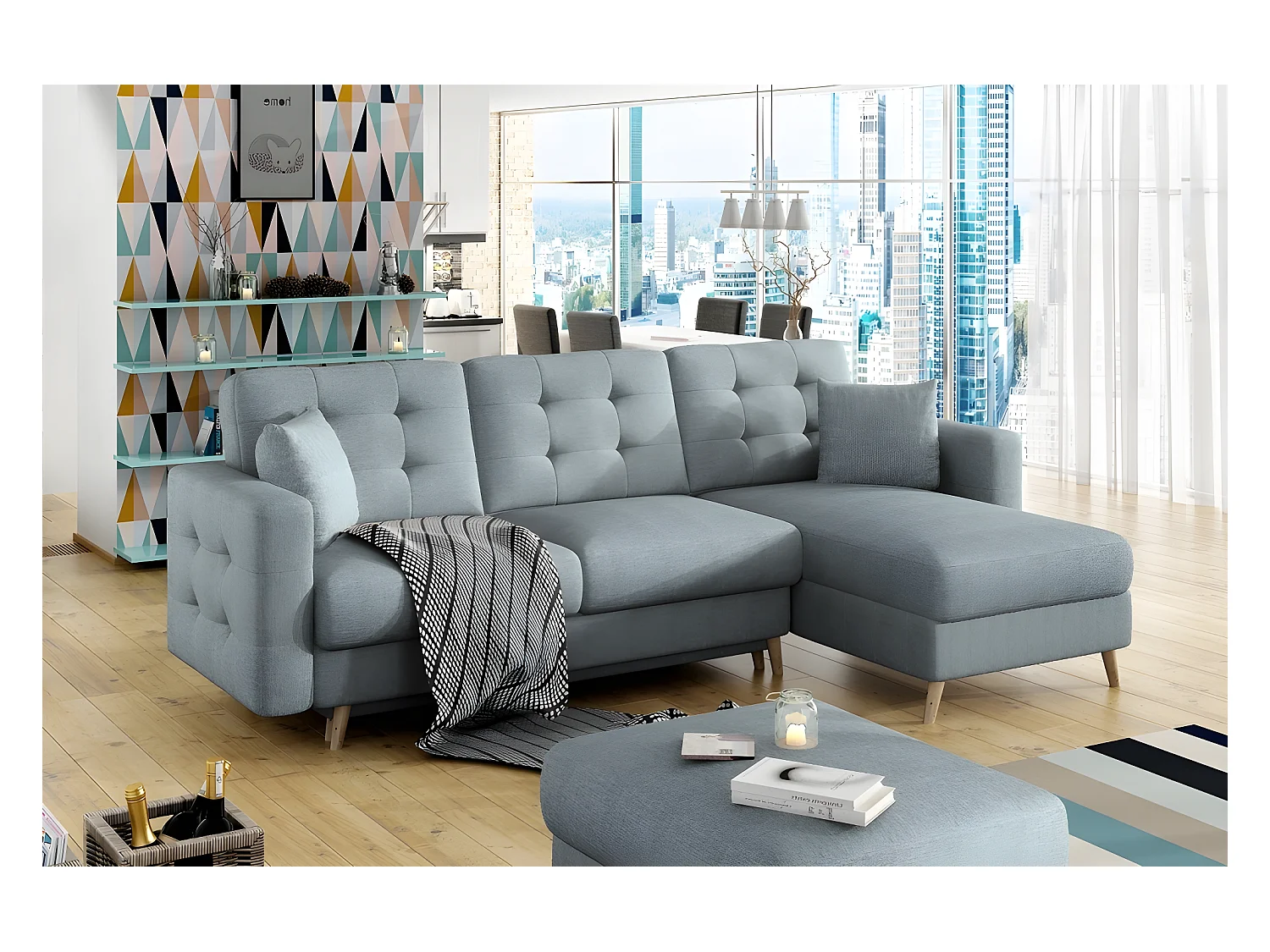 Canapé d'angle convertible ASSIA en tissu de qualité 5 places, bleu, angle droit (vu de face)
