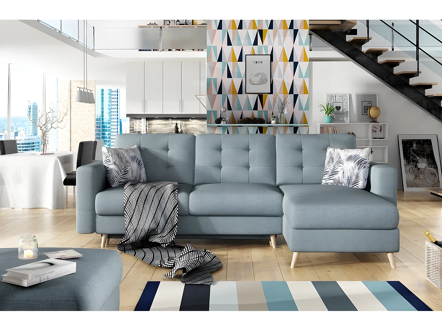 Canapé d'angle convertible ASSIA en tissu de qualité 5 places, bleu, angle droit (vu de face)