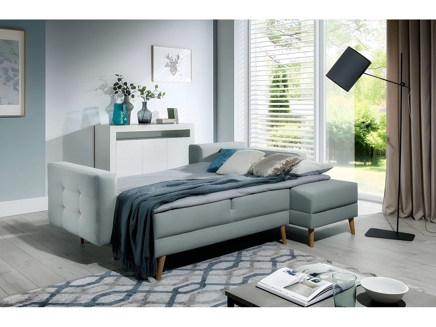 Canapé d'angle convertible ASSIA en tissu de qualité 5 places, bleu, angle droit (vu de face)