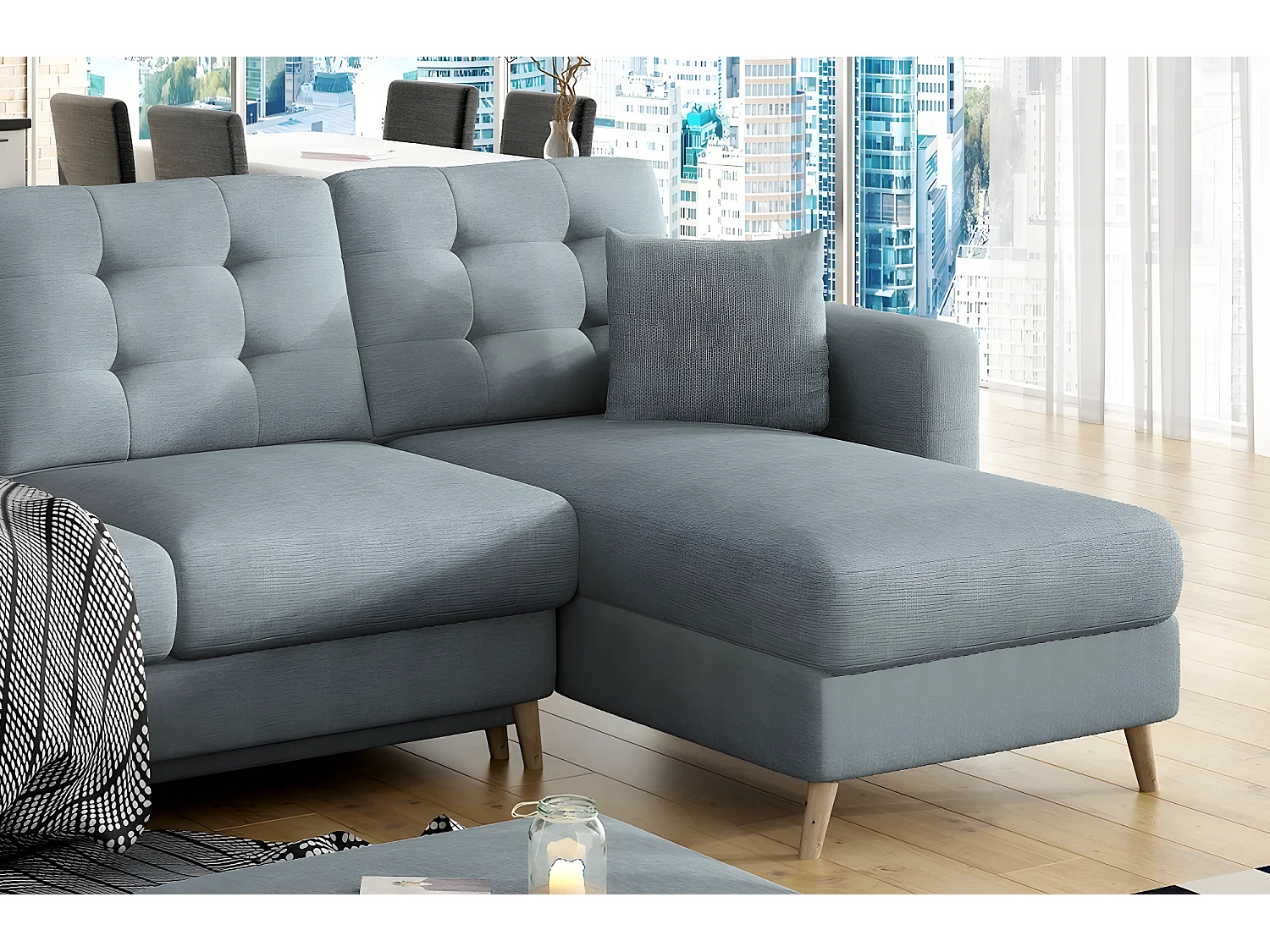 Canapé d'angle convertible ASSIA en tissu de qualité 5 places, bleu, angle droit (vu de face)