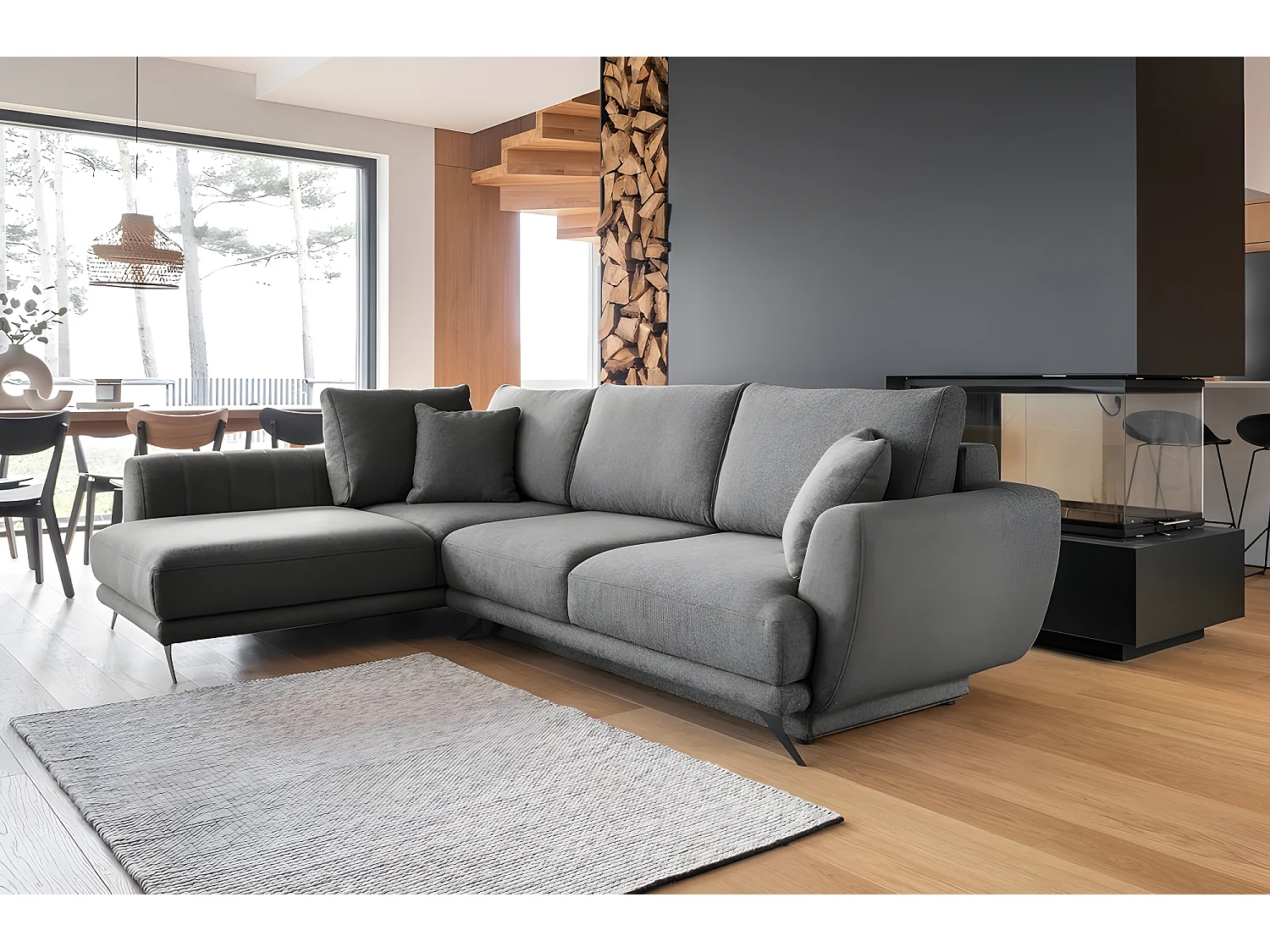 Canapé d'angle convertible - LARSON - en tissu Luxe - 5 places, gris foncé, angle gauche (vu de face)