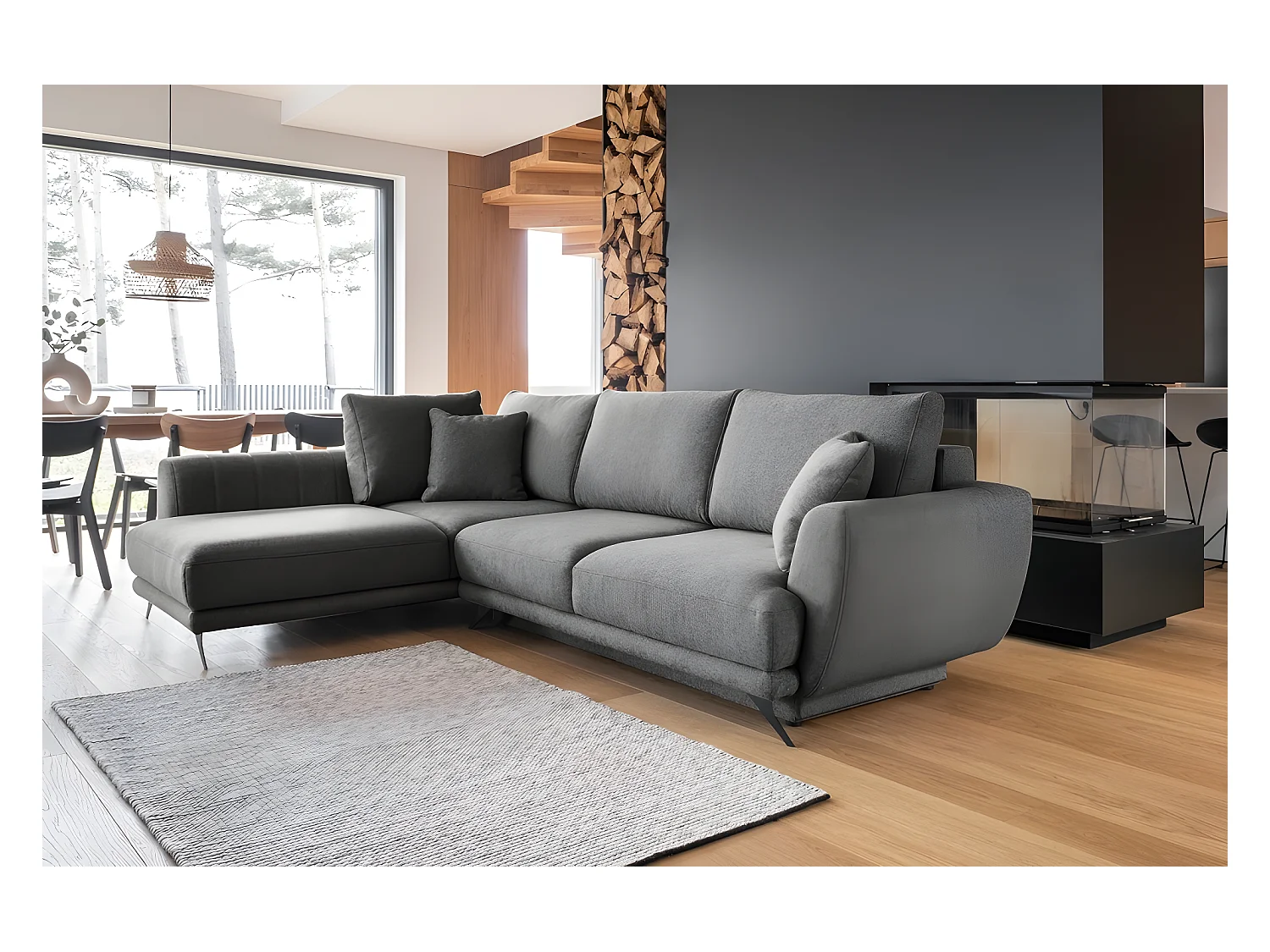 Canapé d'angle convertible - LARSON - en tissu Luxe - 5 places, gris foncé, angle gauche (vu de face)
