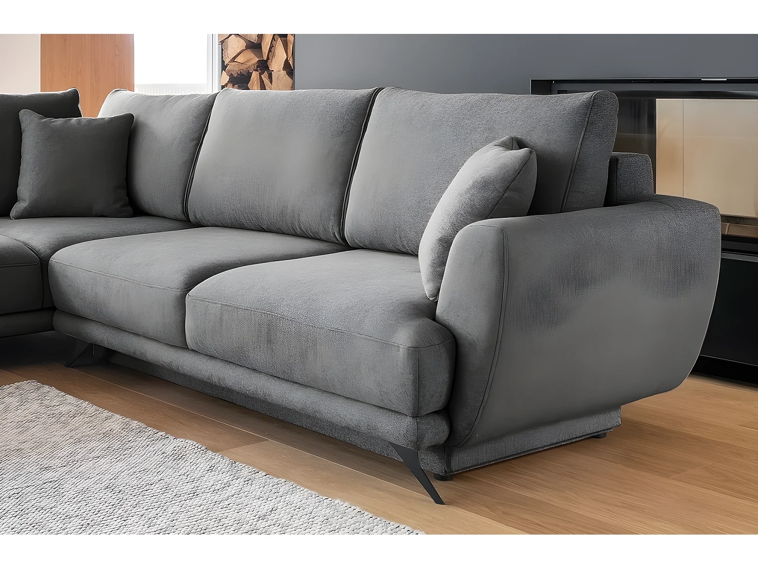 Canapé d'angle convertible - LARSON - en tissu Luxe - 5 places, gris foncé, angle gauche (vu de face)