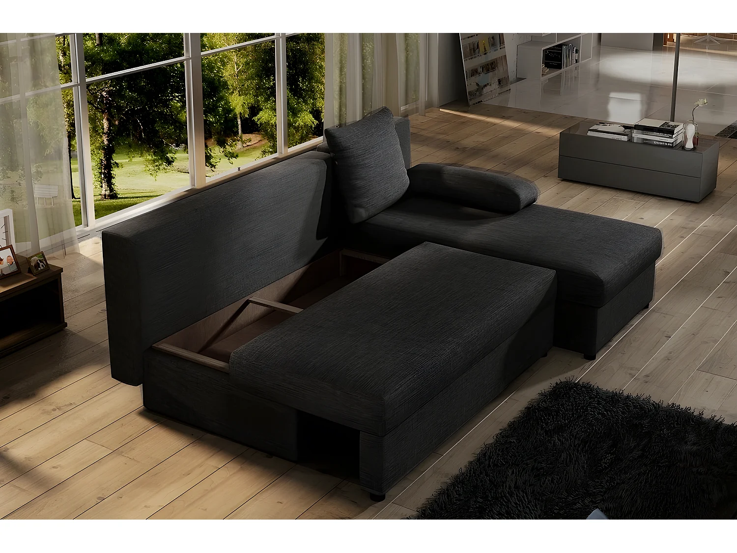 Canapé d'angle convertible - GILO - en tissu luxe 3/4 places, noir, angle droit (vu de face)