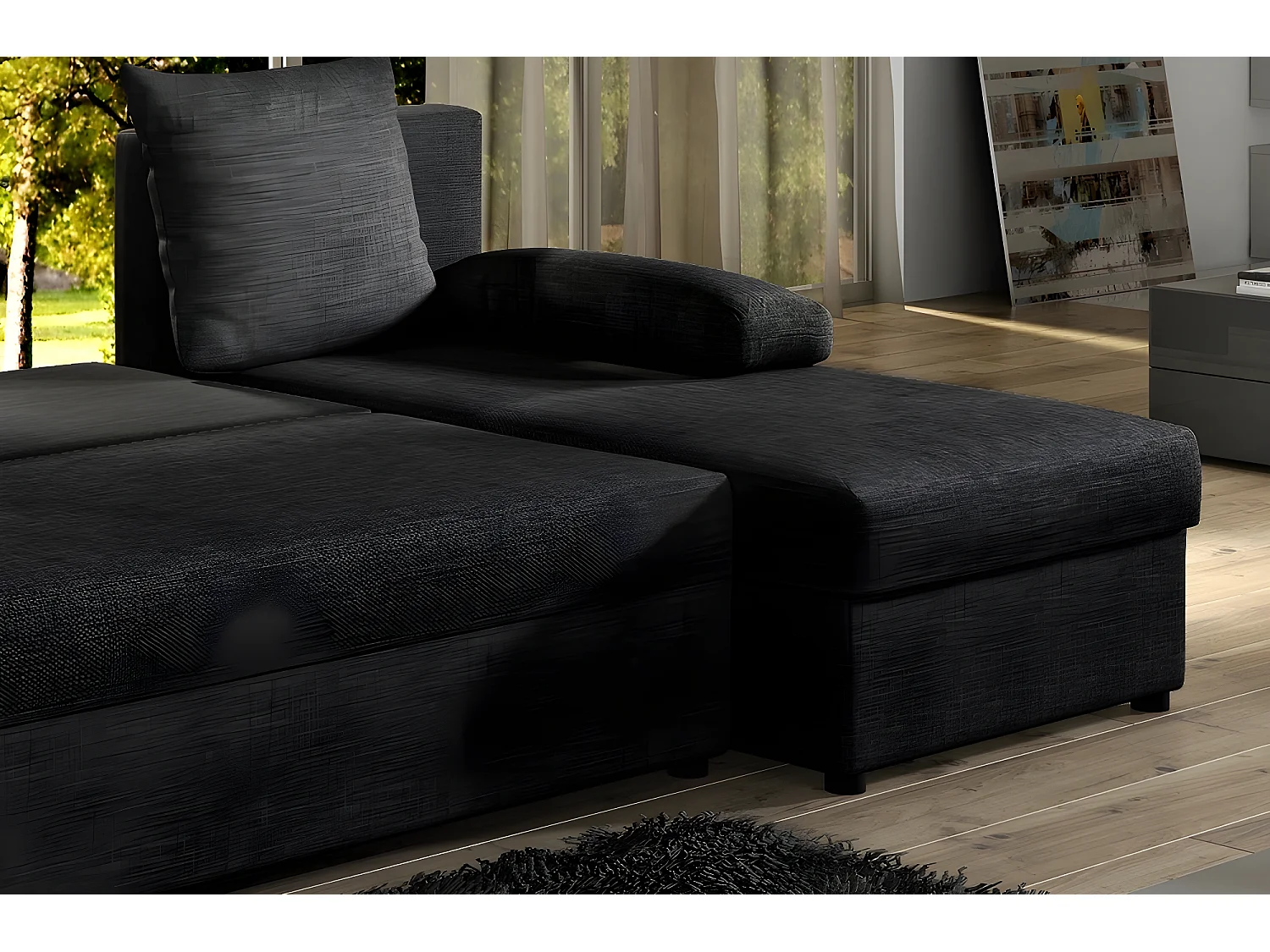 Canapé d'angle convertible - GILO - en tissu luxe 3/4 places, noir, angle droit (vu de face)