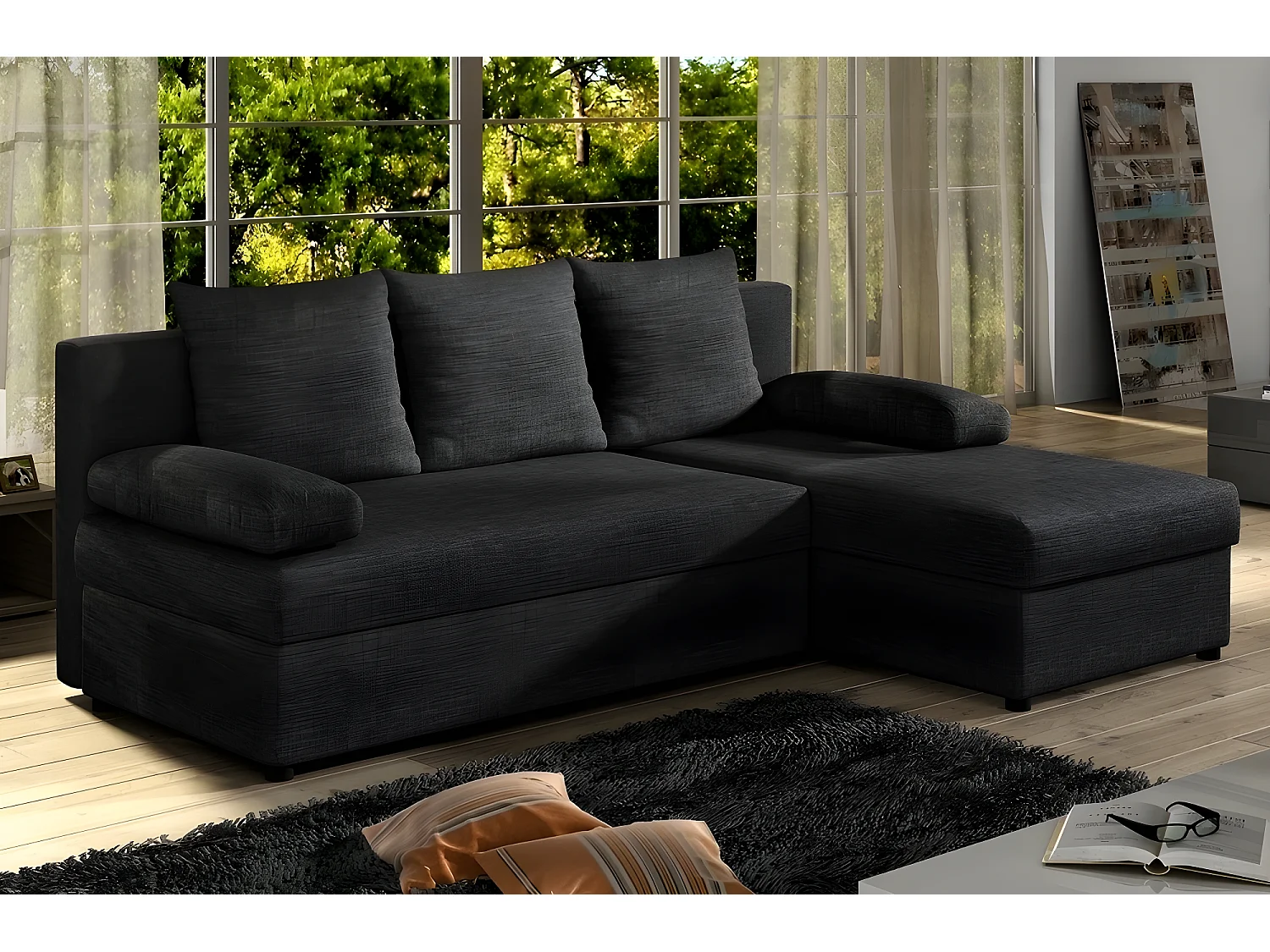 Canapé d'angle convertible - GILO - en tissu luxe 3/4 places, noir, angle droit (vu de face)