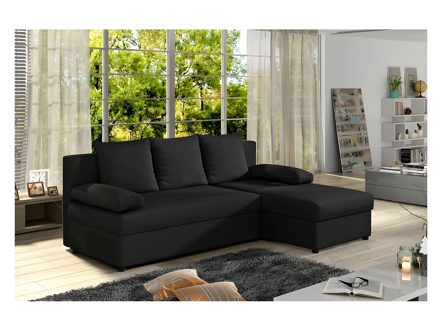 Canapé d'angle convertible - GILO - en tissu luxe 3/4 places, noir, angle droit (vu de face)
