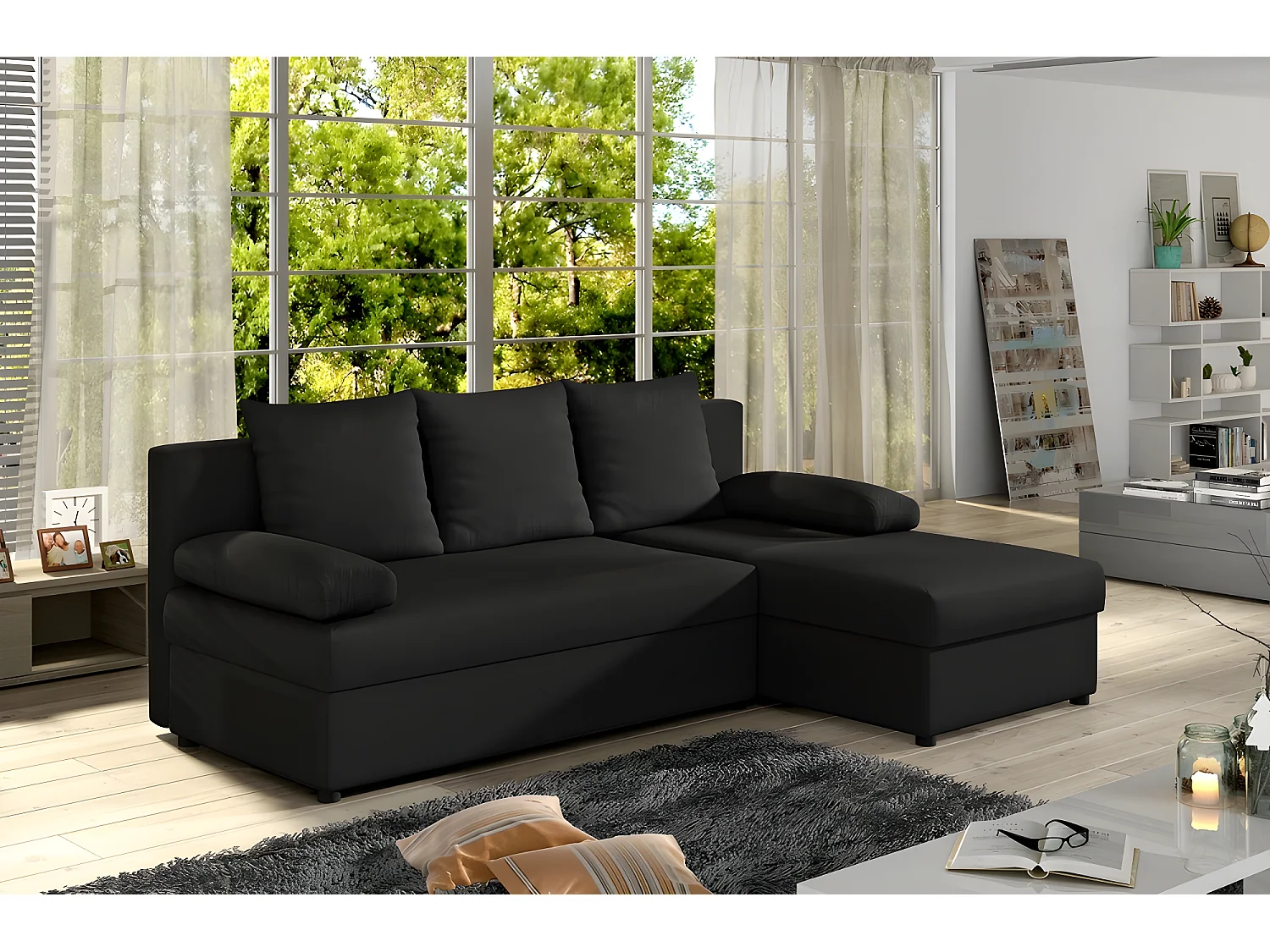 Canapé d'angle convertible - GILO - en tissu luxe 3/4 places, noir, angle droit (vu de face)