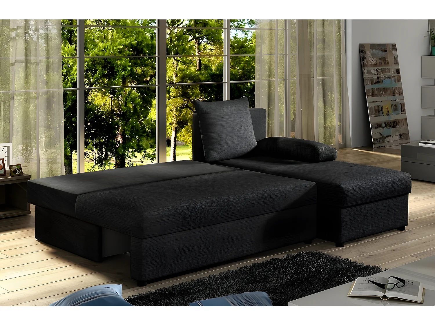 Canapé d'angle convertible - GILO - en tissu luxe 3/4 places, noir, angle droit (vu de face)