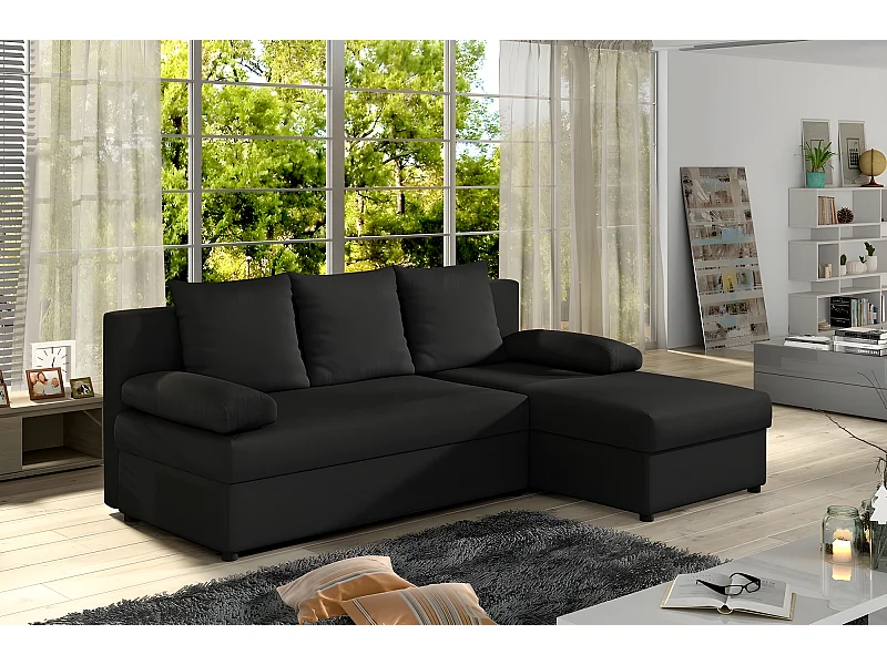 Canapé d'angle convertible - GILO - en tissu luxe 3/4 places, noir, angle droit (vu de face)