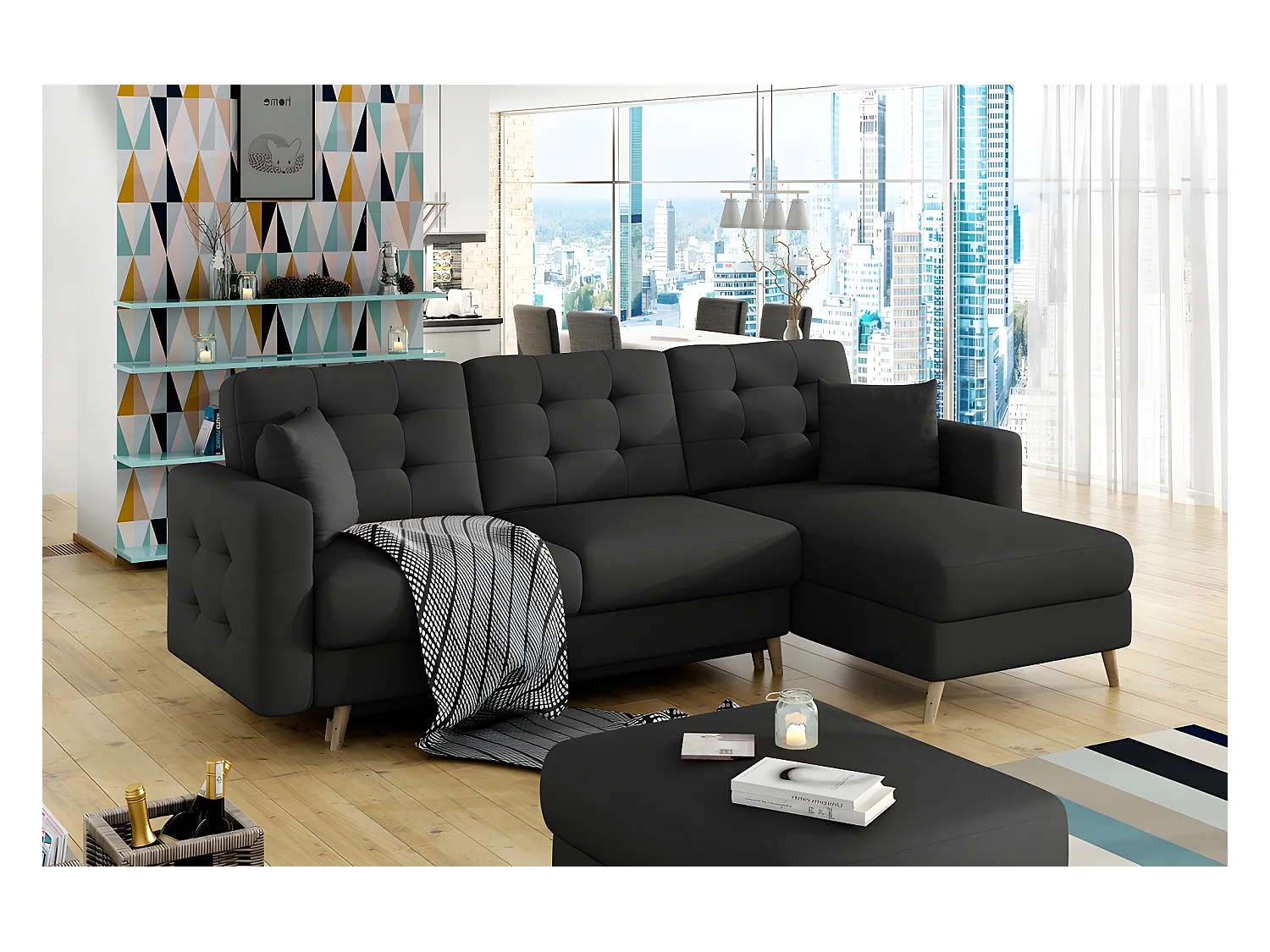 Canapé d'angle convertible ASSIA en tissu de qualité 5 places, gris foncé, angle droit (vu de face)