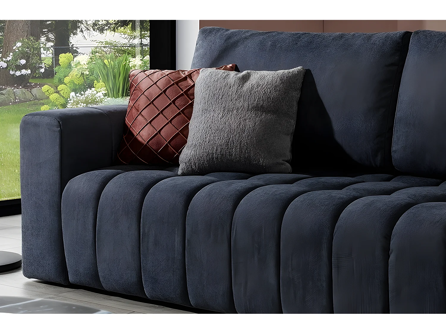 Canapé 3 places convertible et espace de rangement - Gris foncé - en tissu de qualité luxe, LAZIO