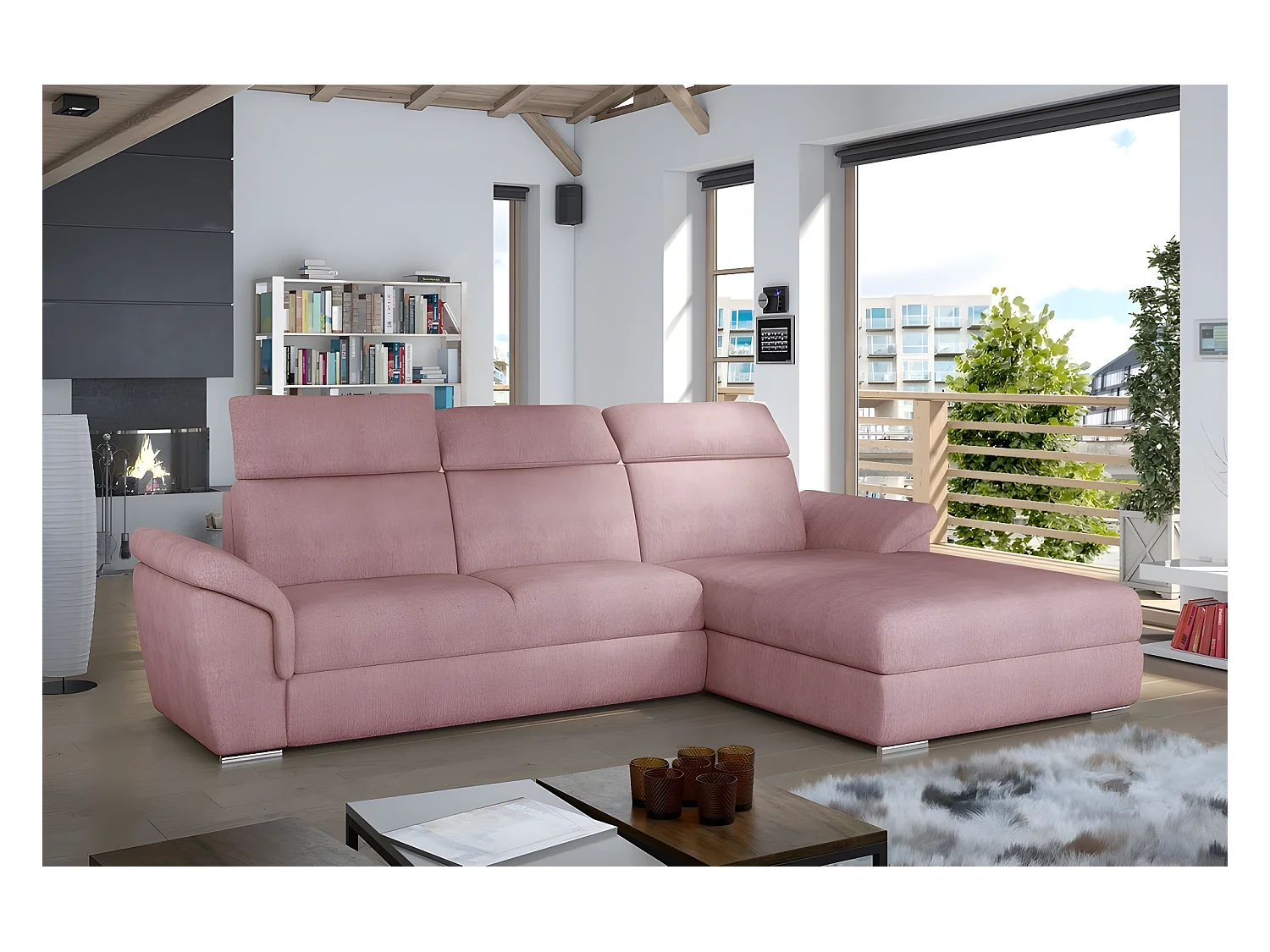 Canapé d'angle convertible en tissu Luxe, rose, 5 places, angle droit (vu de face) , TRESOR