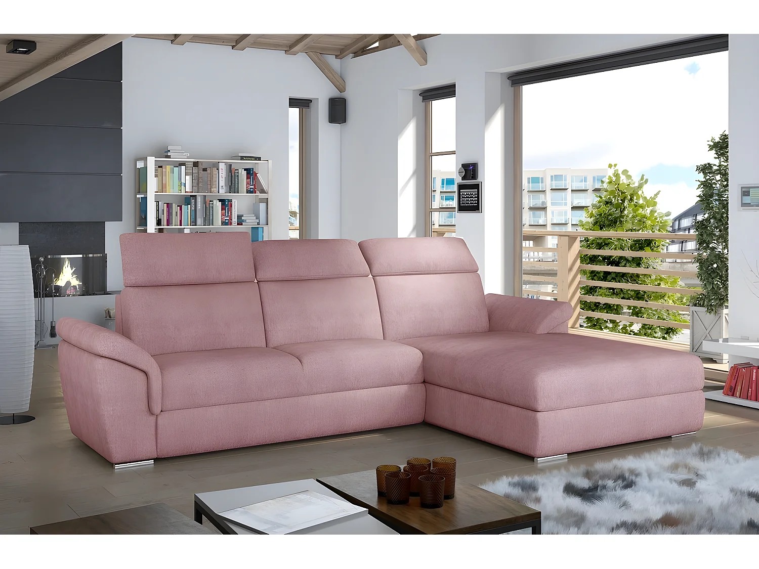 Canapé d'angle convertible en tissu Luxe, rose, 5 places, angle droit (vu de face) , TRESOR