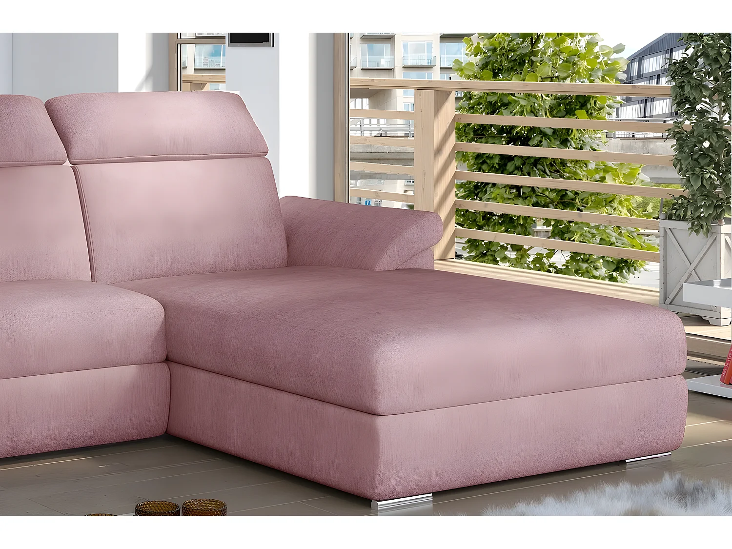 Canapé d'angle convertible en tissu Luxe, rose, 5 places, angle droit (vu de face) , TRESOR