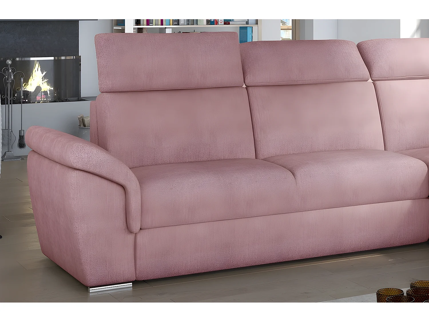 Canapé d'angle convertible en tissu Luxe, rose, 5 places, angle droit (vu de face) , TRESOR